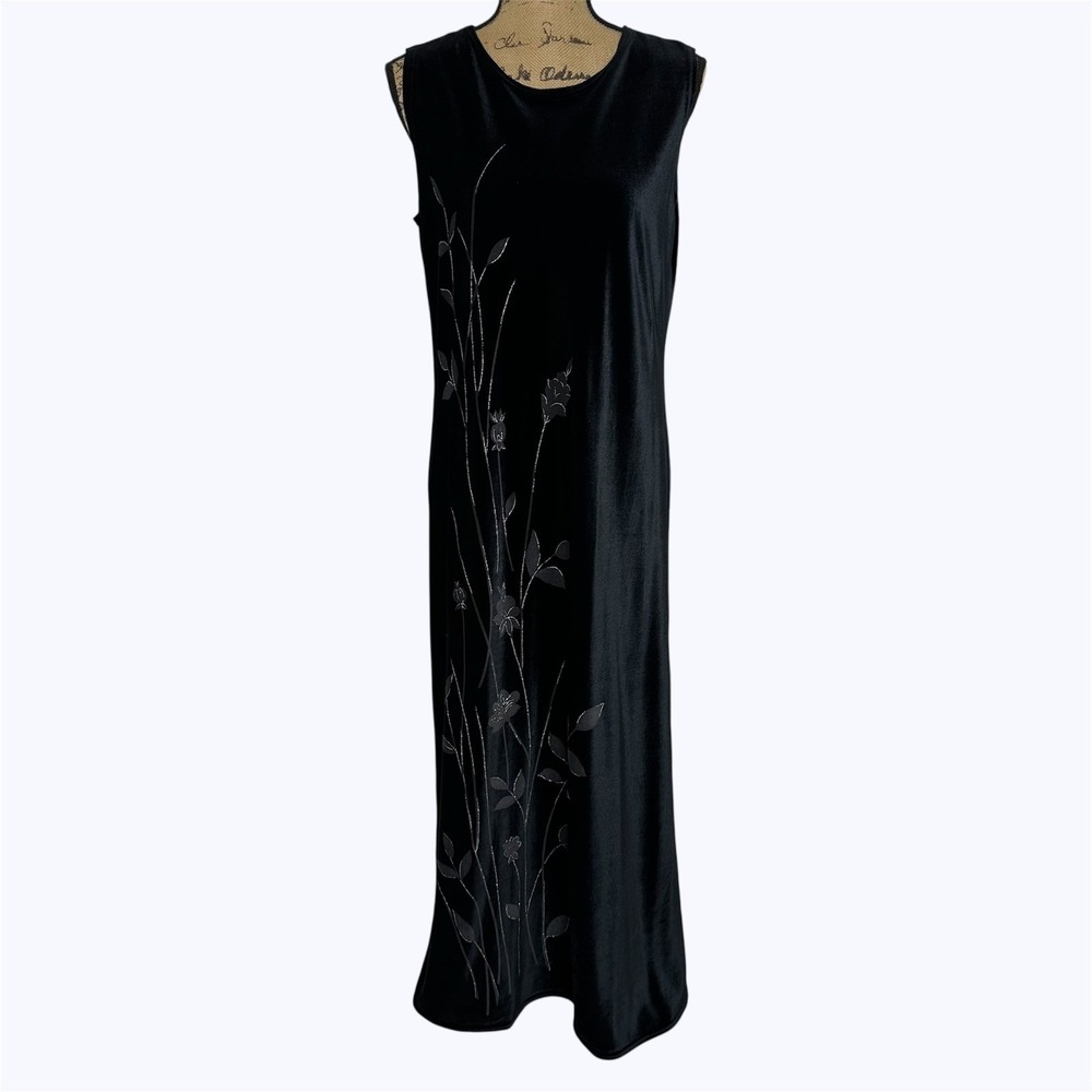 Norton Studio Black Velvet Maxi Dress Silver Floral Whimsigoth Formal Vtg‎ Sz L